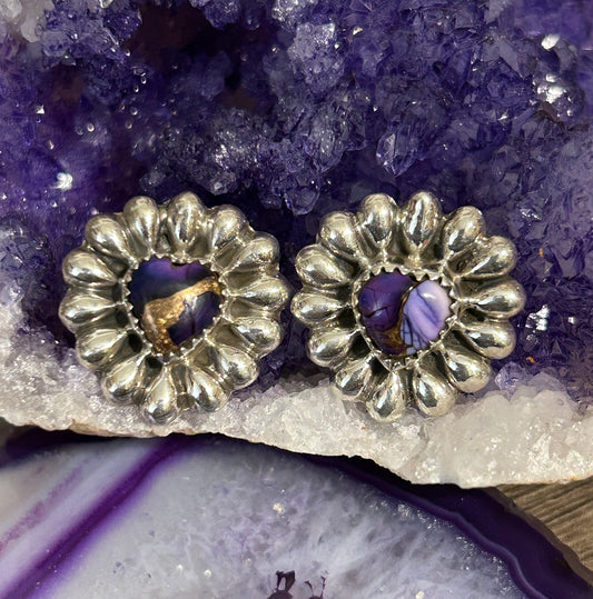 Southwestern Sterling Silver Violet Dahlia Turquoise Heart Earrings