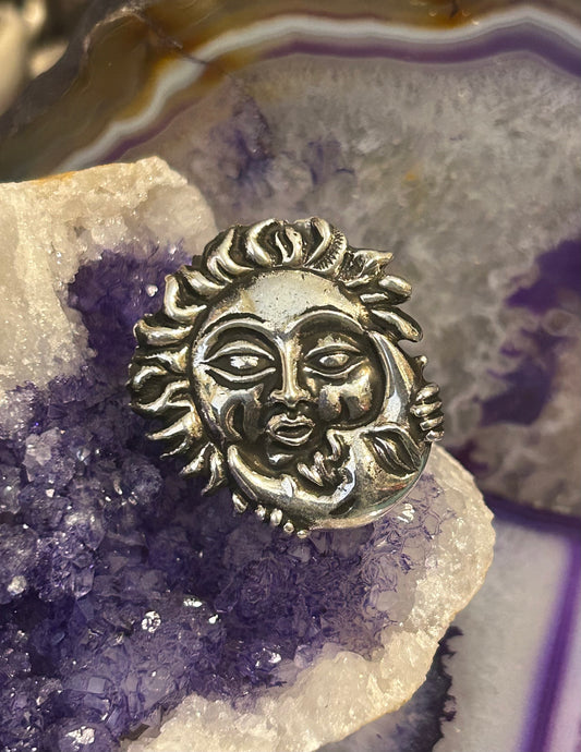 Sterling Silver Taxco Mexico Sun Holding Moon Celestial Adjustable Ring