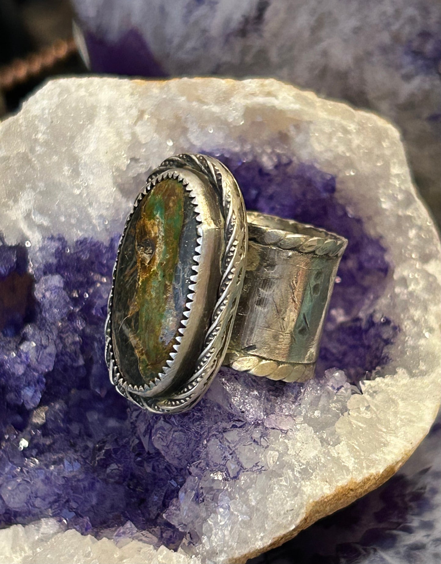 GUZ LOVE NO.103 • Sterling Silver & Blackjack Turquoise Wide Banded Ring • Size 7
