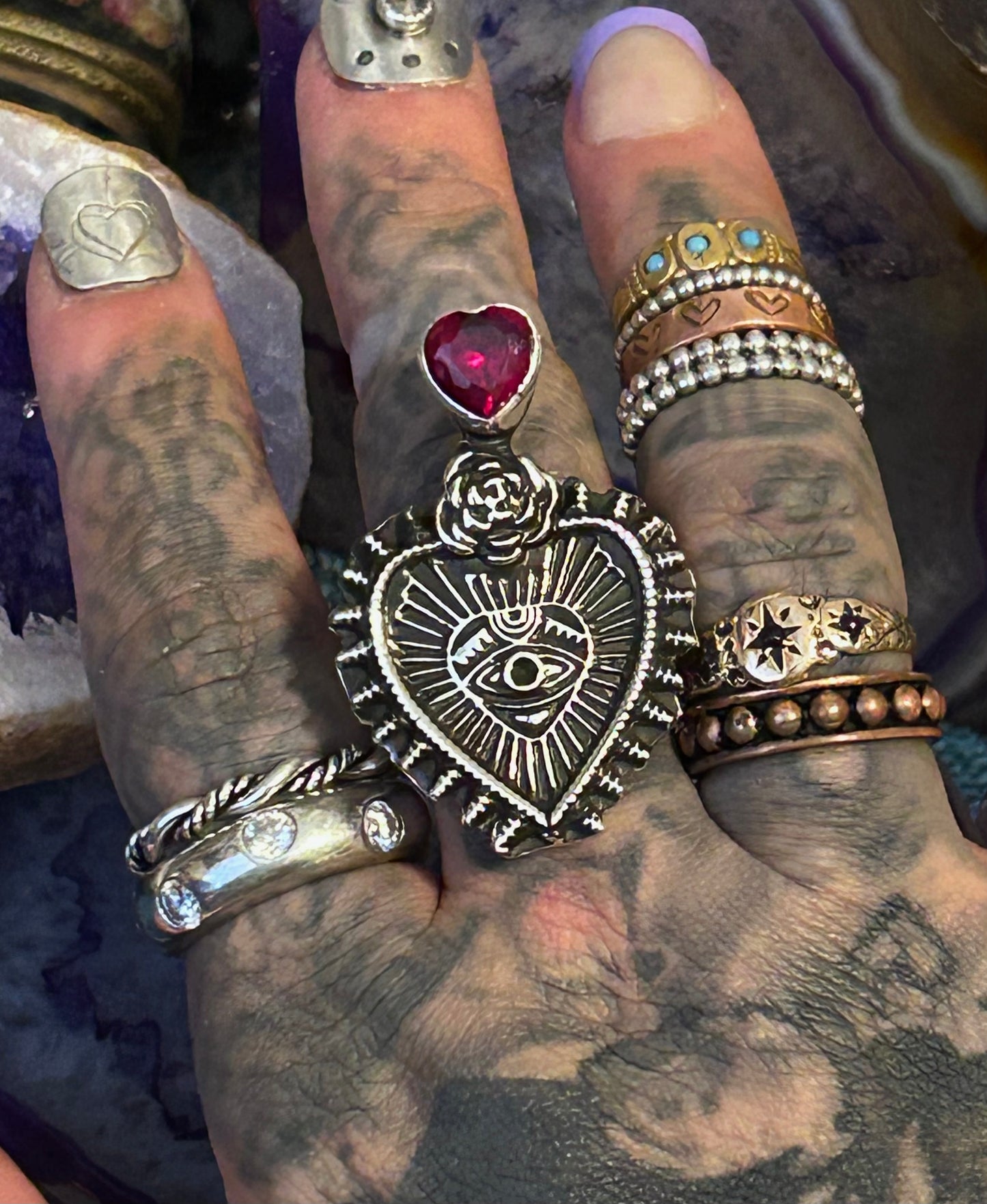 Sterling Silver Taxco Mexico Sacred Heart & Eye Of Protection Adjustable Ring