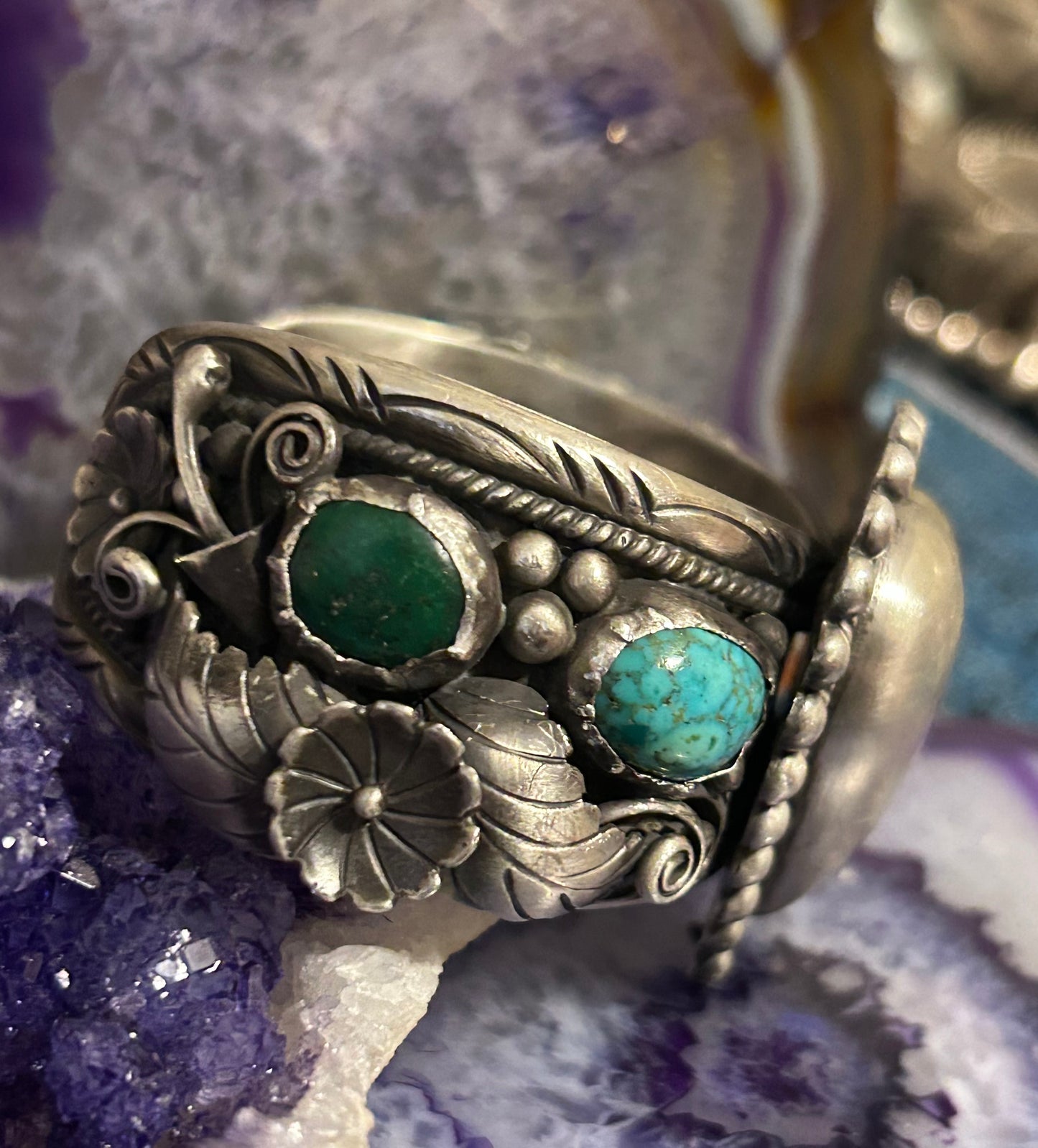 GuzFurbished Sterling Silver Heart & Turquoise Cuff Bracelet