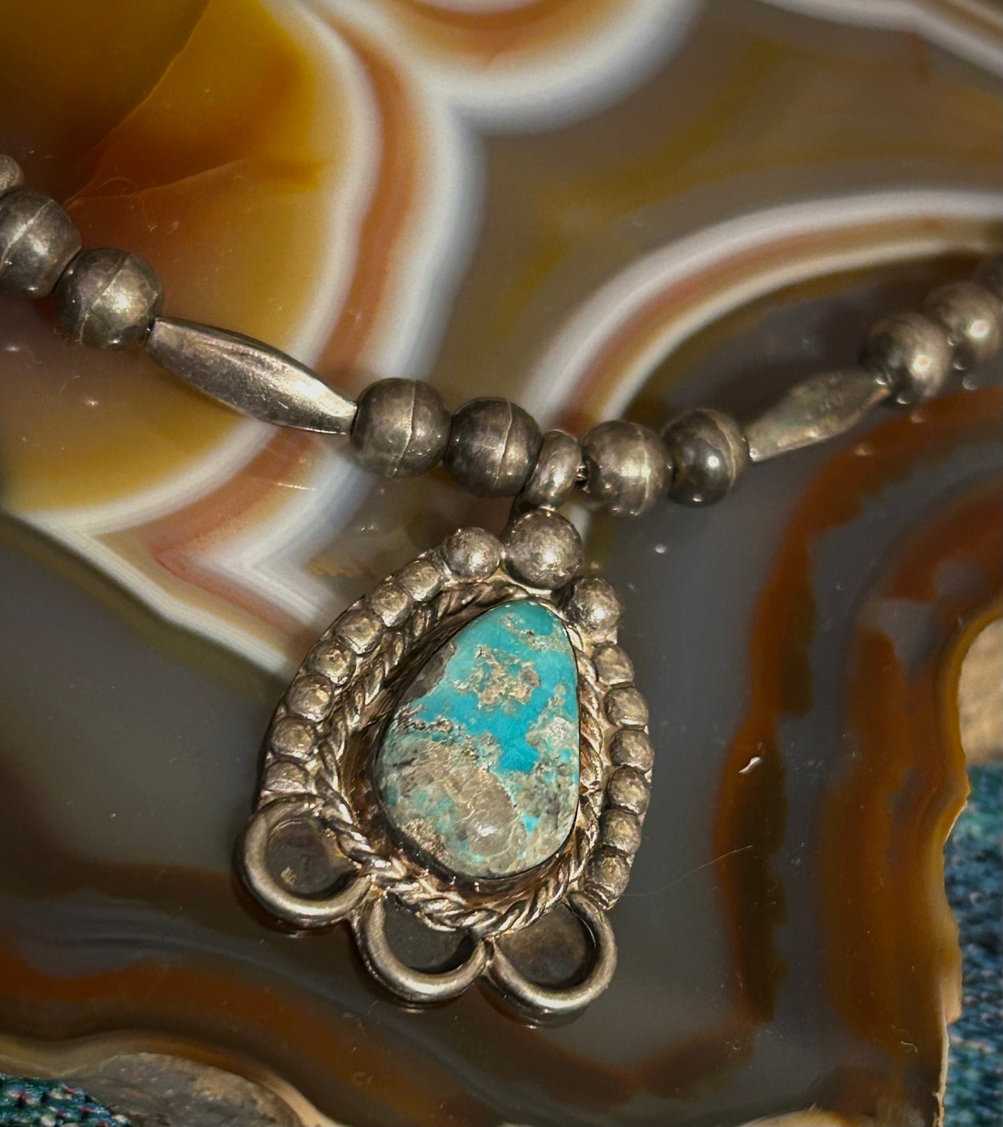 Sterling Silver Vintage Native American Turquoise and Bench Bead Choker Necklace