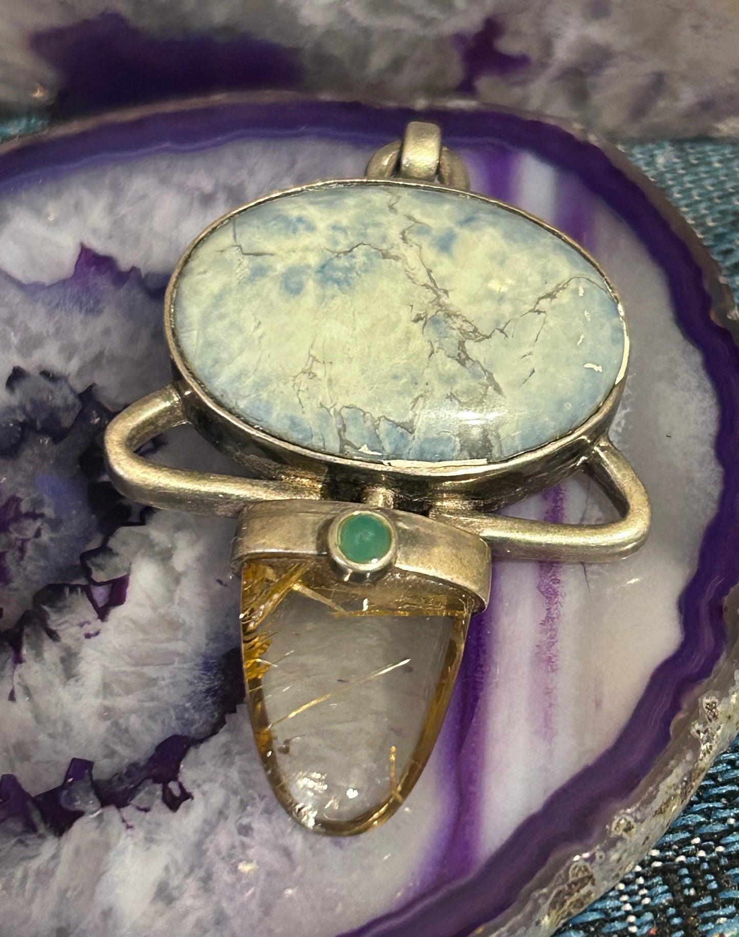 Vintage Sterling Silver Larimar, Rutilated Quartz, & Jade Statement Pendant