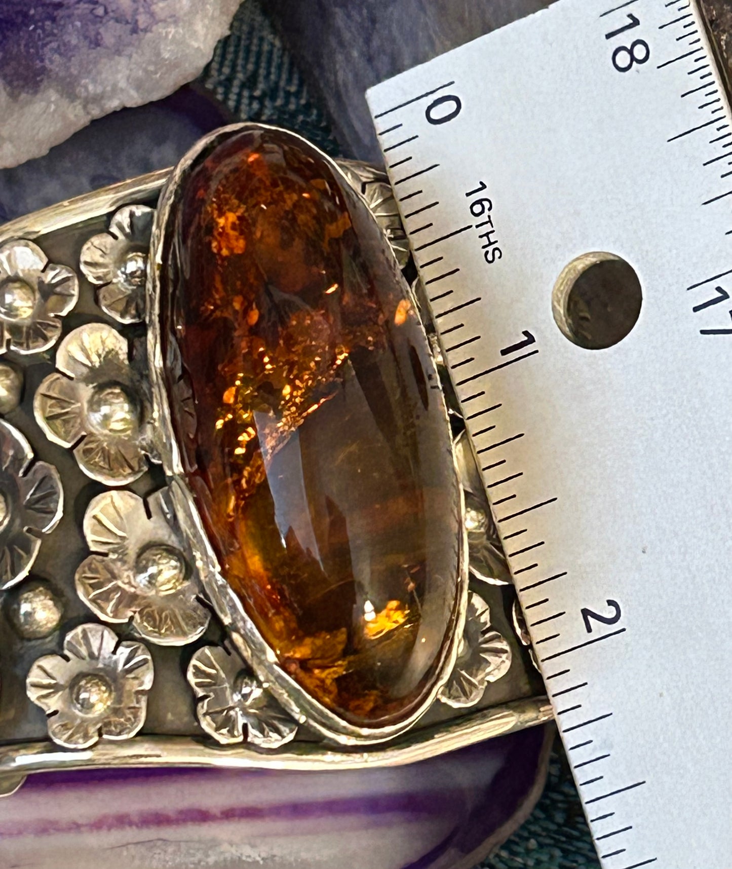 Sterling Silver Modern Taxco Mexico Statement Flowers & Baltic Amber Cuff Bracelet