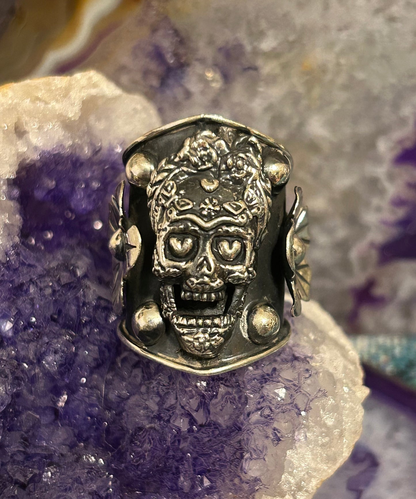 Sterling Silver Taxco Mexico Statement Day Of Dead Skull & Flower Ring Size 7-8