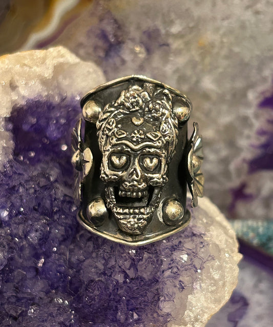 Sterling Silver Taxco Mexico Statement Day Of Dead Skull & Flower Ring Size 7-8