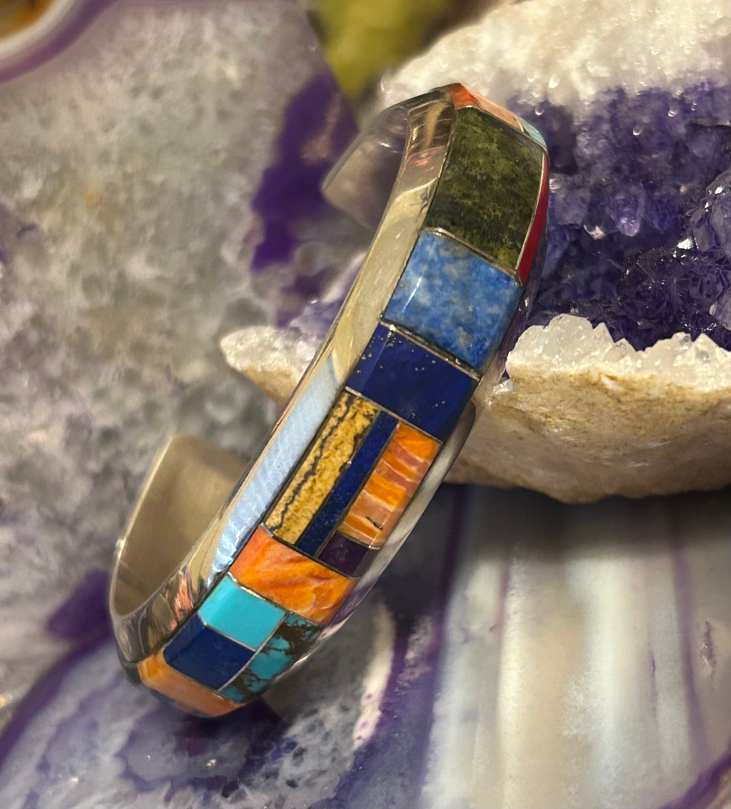 Native American Sterling Silver Multi Stone Inlay Cuff Bracelet Signed “C”