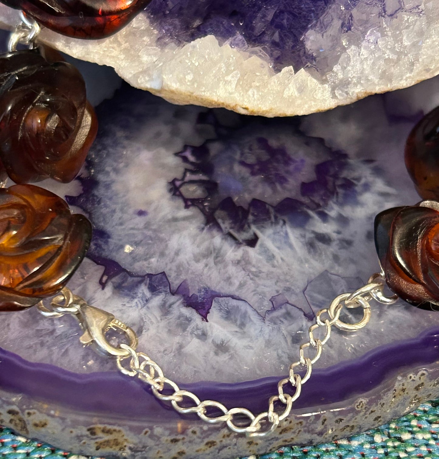 Sterling Silver Baltic Cognac Amber Carved Rose Link Bracelet