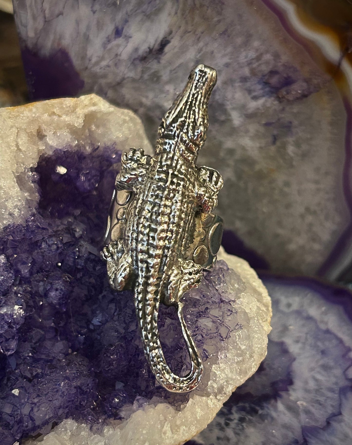 Sterling Silver Taxco Mexico Large Alligator Crocodile Ring Adjustable