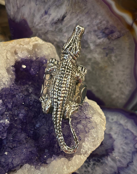 Sterling Silver Taxco Mexico Large Alligator Crocodile Ring Adjustable