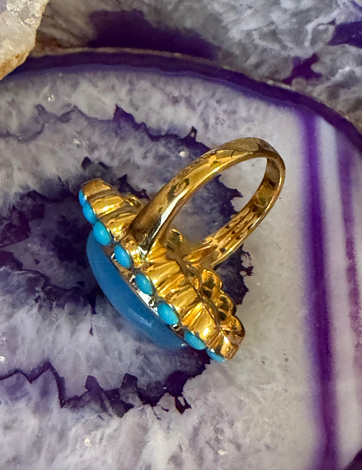 Gold Over Sterling Silver Blue Calcedony & Sonora turquoise Ring Size 7.5