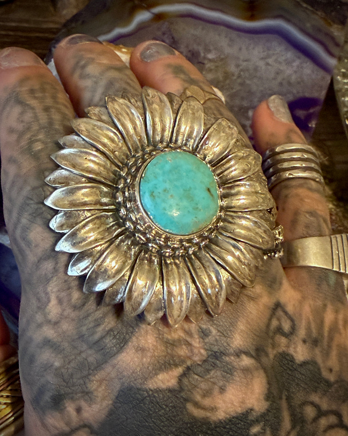 Designer SOM’S Sterling Silver Large Sunflower & Turquoise Statement Ring
