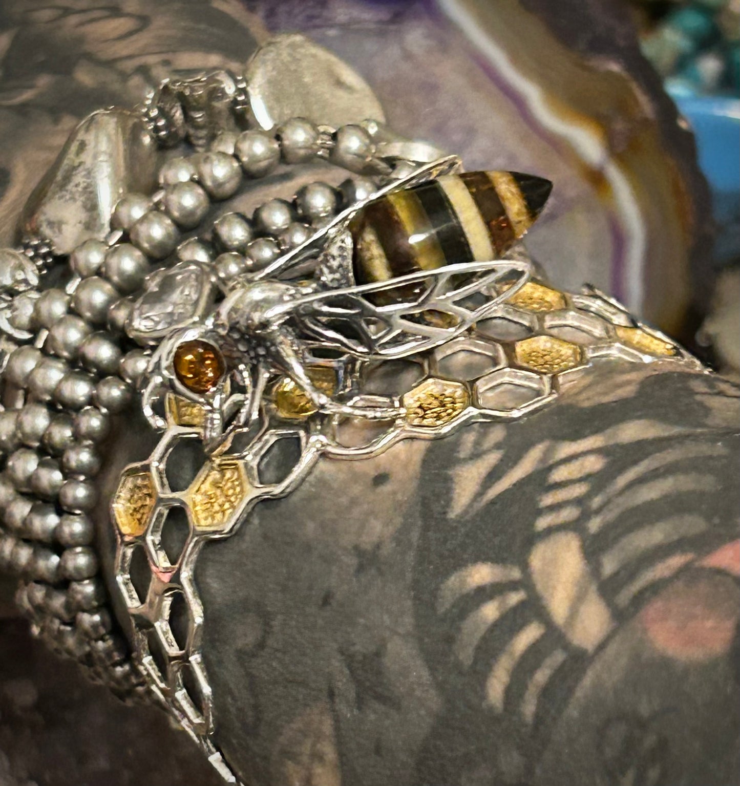 Sterling Silver & Genuine Amber Bee Honeycomb Cuff Bracelet