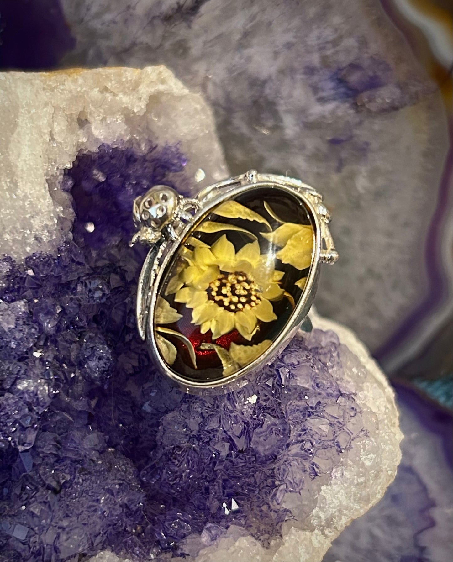 Sterling Silver Carved Amber Ring With Flowers & Amethyst Lady Bug • Adjustable