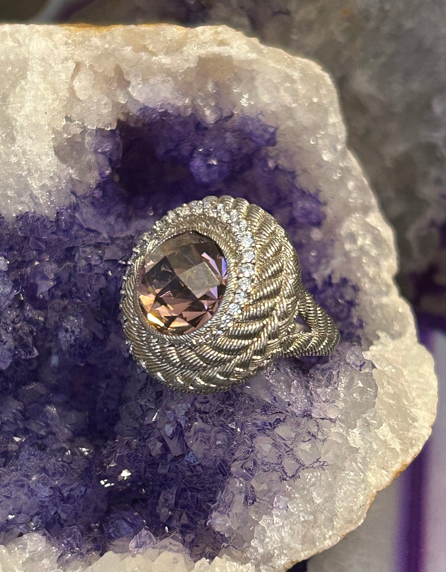 Judith Ripka Sterling Silver Chunky Purple CZ Rope Swirl Ring • Size 5