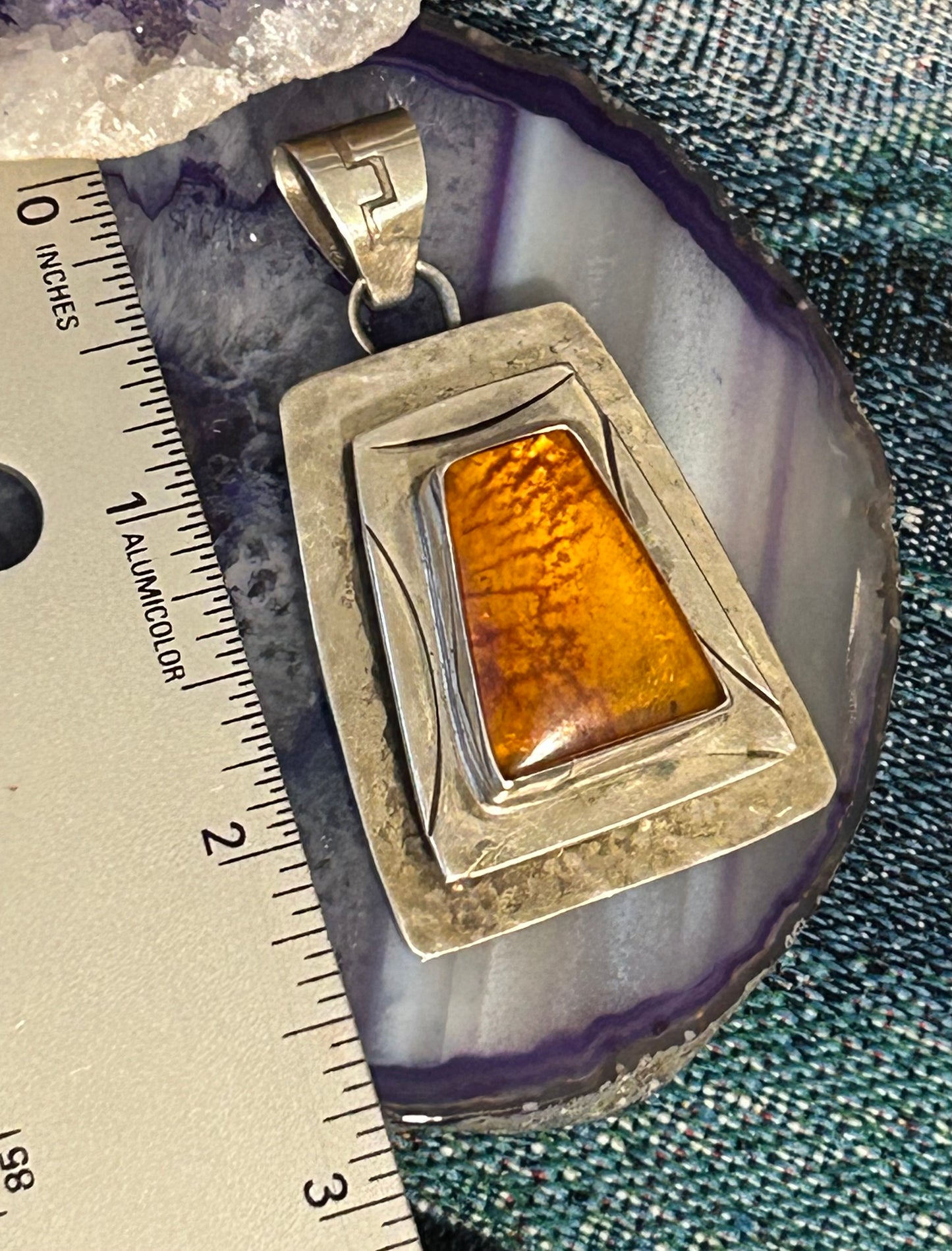 Sterling Silver Native American Baltic Amber Large Pendant Signed OO