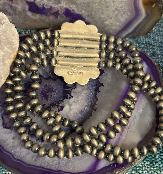 Sterling Silver Desert Pearl Ball Beads and Turquoise Four Band Stretch Bracelet