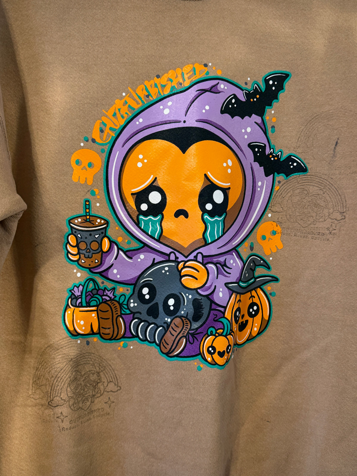 GuzFurbished SPOOKY SZN KID GRIMM Vtg Tan Crewneck Sweatshirt