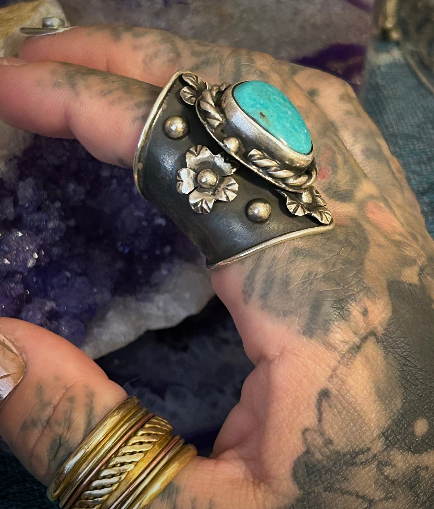 Sterling Silver Taxco Mexico Turquoise & Flowers Wide Band Statement Ring Sz 7