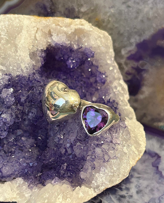 Sterling Silver Modern Taxco Mexico Purple Zircon & Puffy Heart Bypass Ring • 7-8.5