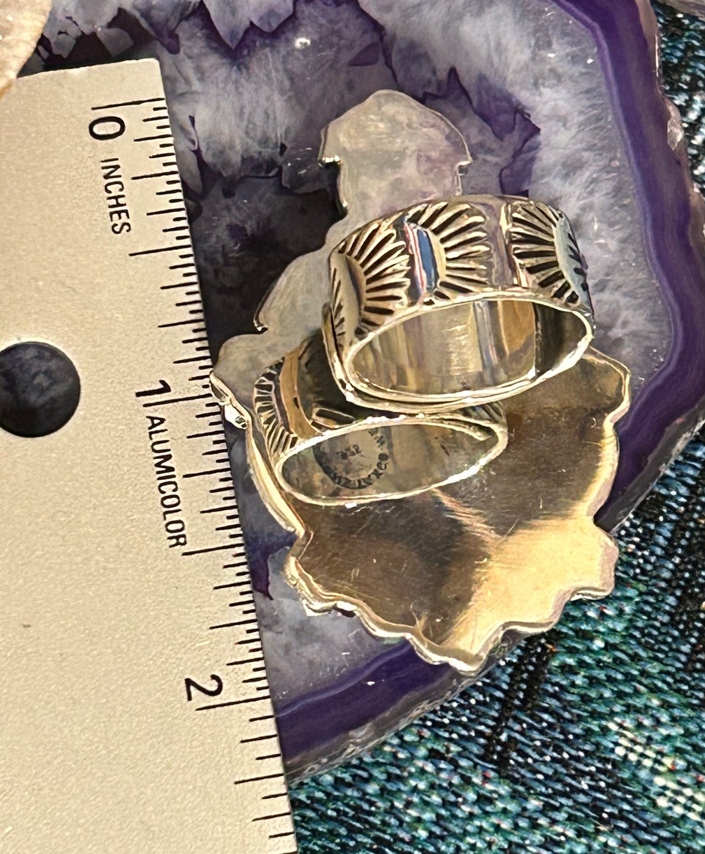 Sterling Silver Taxco Mexico Large Labradorite Flowers & Heart Statement Ring Adjustable