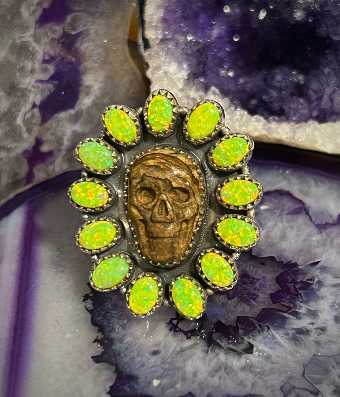 Sterling Silver Carved Jasper Skull With Green Opal Large Ring Adjustable