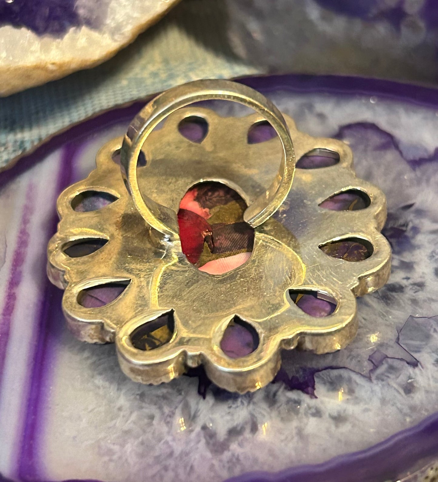 Sterling Silver Southwestern Large Rose Dahlia & Violet Dahlia Adjustable Ring