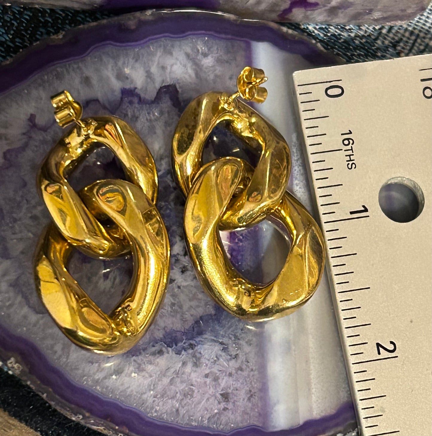 Vintage Gold Over Sterling Silver Puff Cuban Link Push Back Earrings