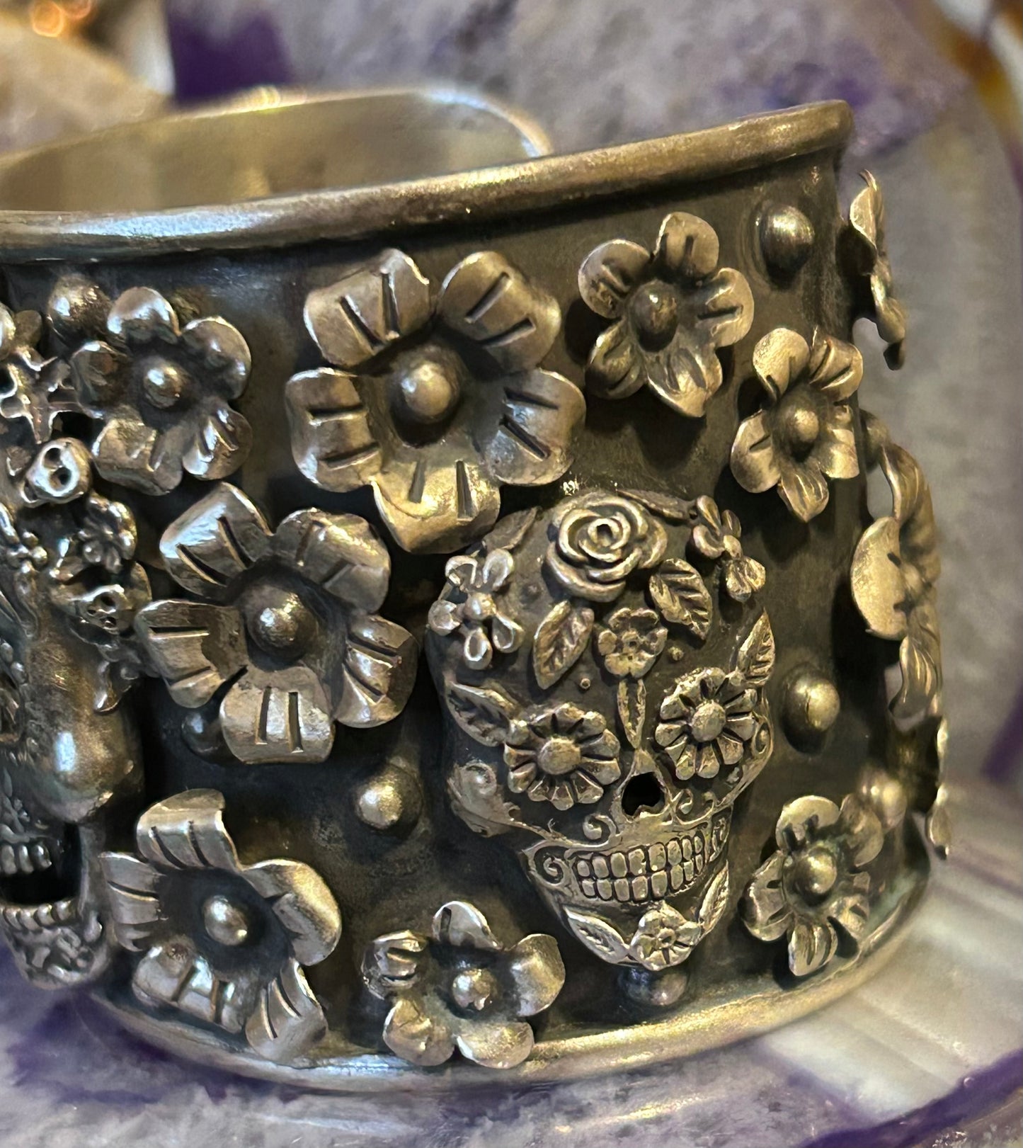 Sterling Silver Taxco Mexico Day Of The Dead Skull & Flower Large Cuff Bracelet