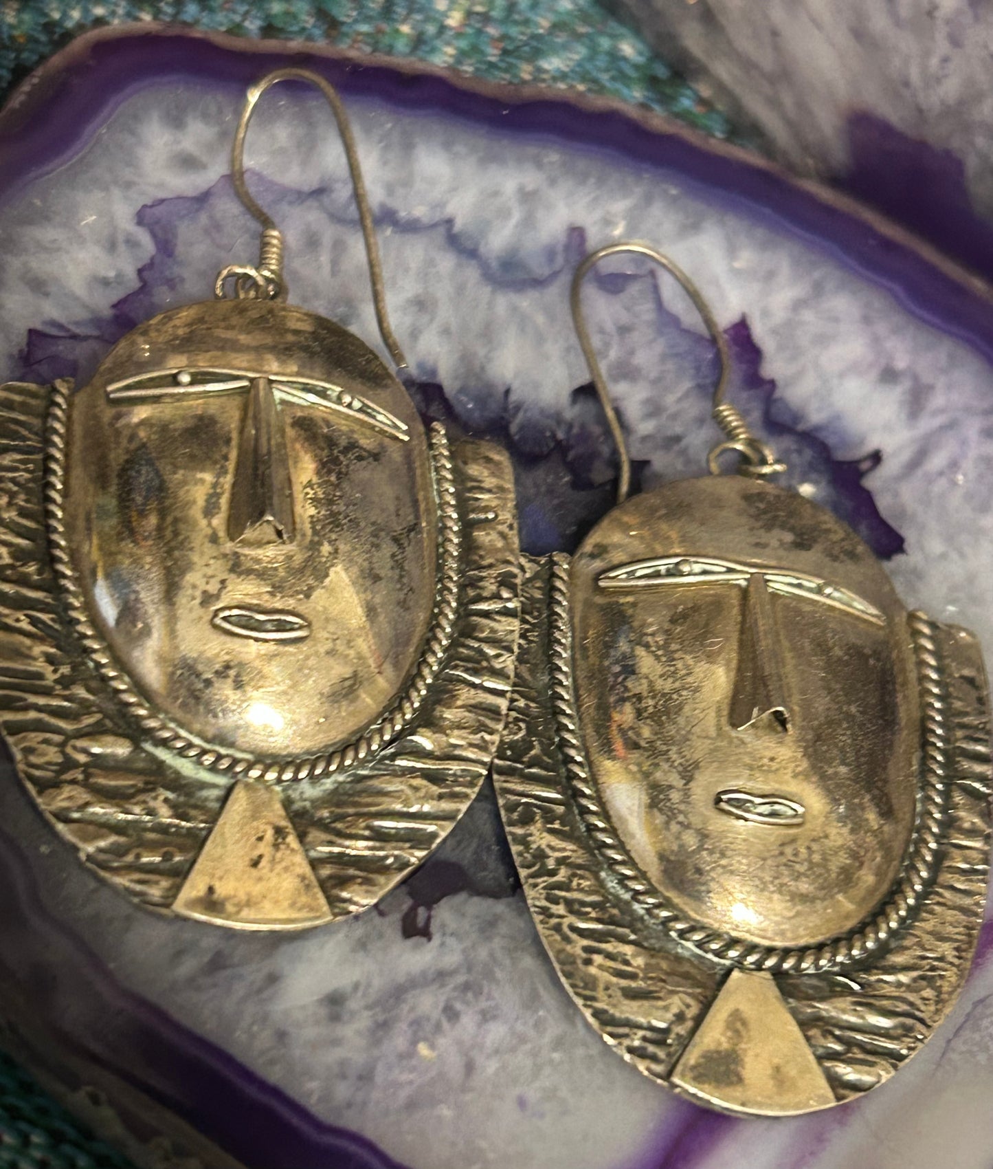 Vintage Estate Sterling Silver Tribal Mask Face Dangle Earrings