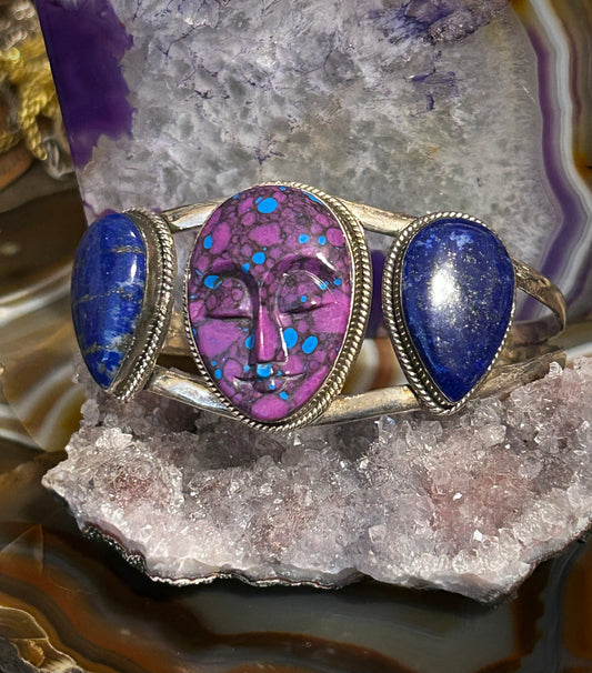 Sterling Silver Peaceful Face Blue Lapis And Mojave Cuff Bracelet
