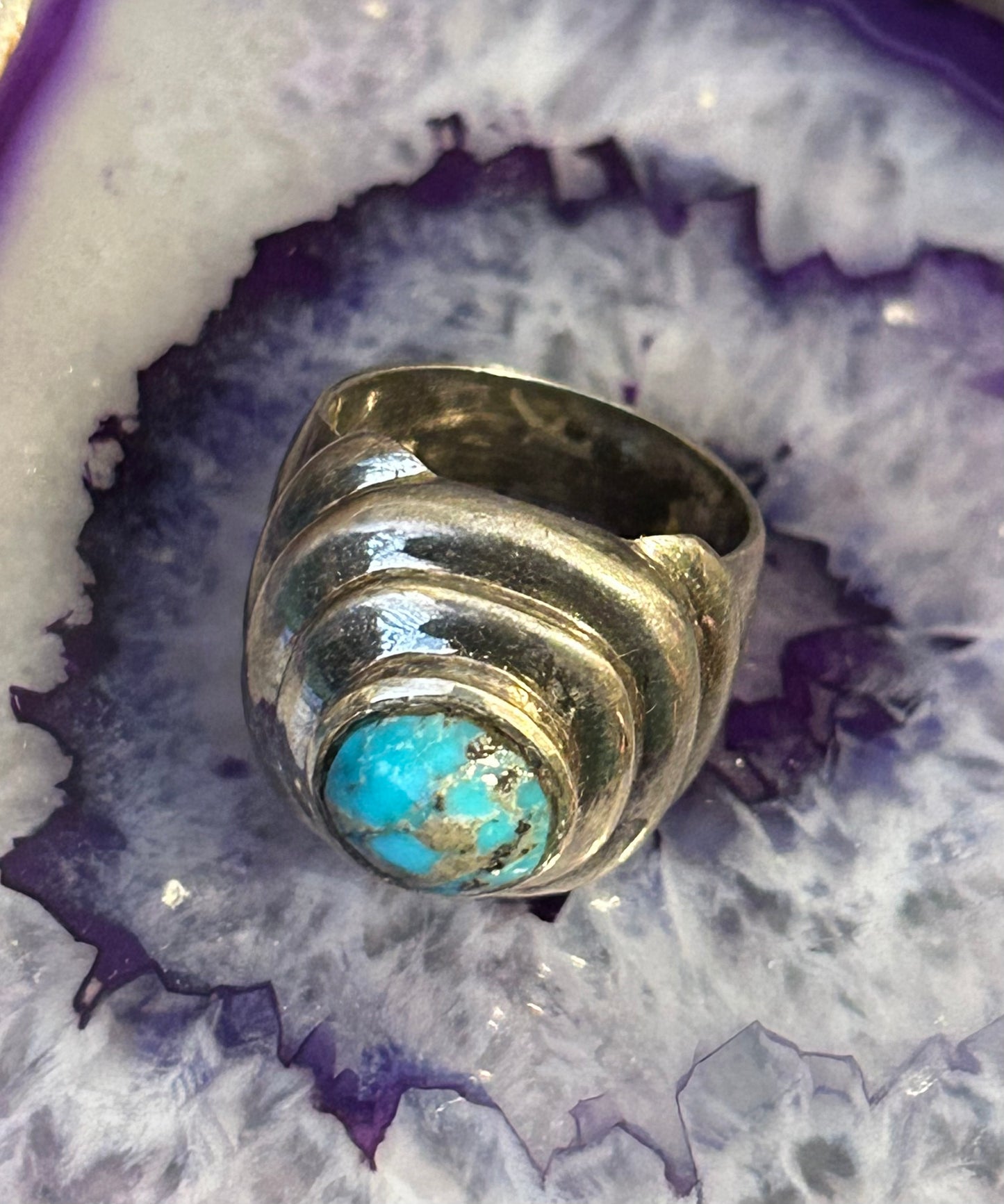 Vintage Sterling Silver Turquoise Modernist Shaped Chunky Ring Size 6.5