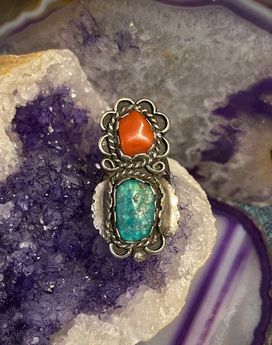 Vintage Sterling Silver cSc Turquoise & Coral Ring • Size 4