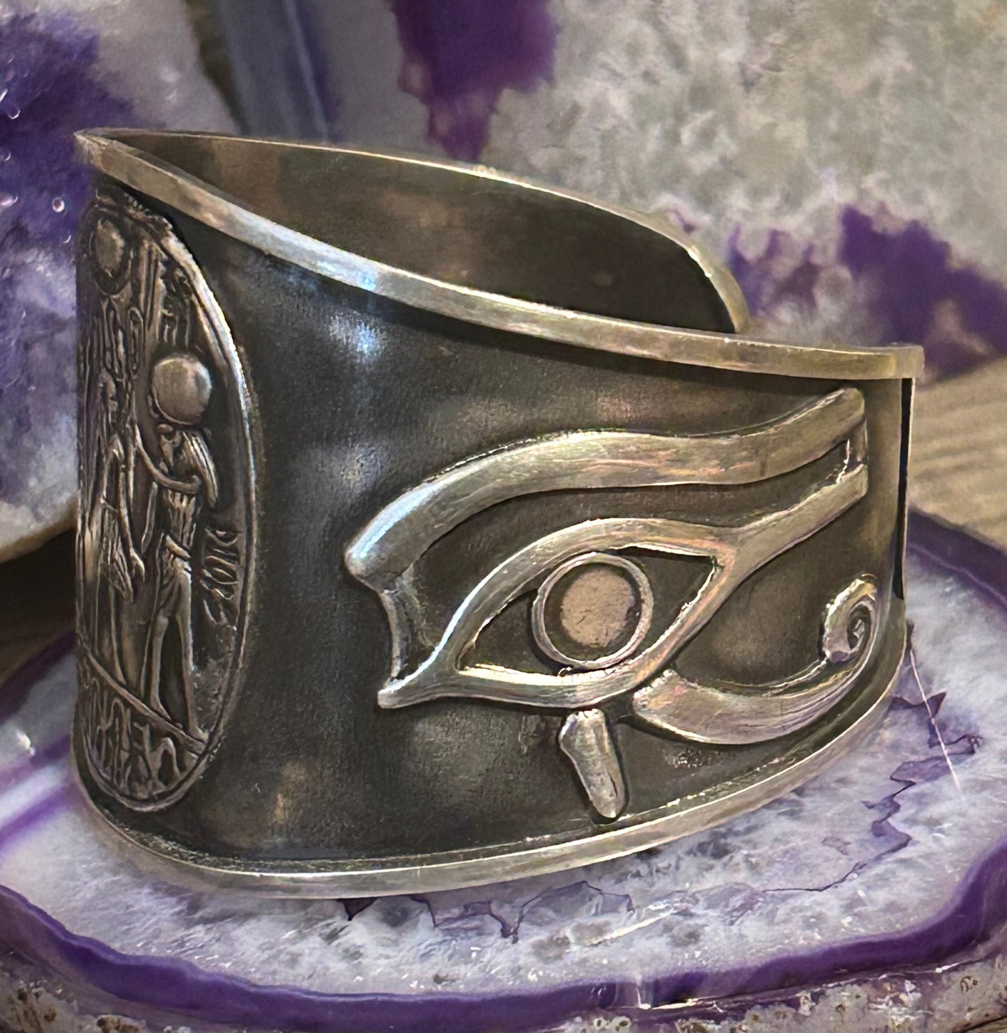 Sterling Silver Egyptian Crowning Of King Tut W/ Eye Of Horus Cuff Bracelet