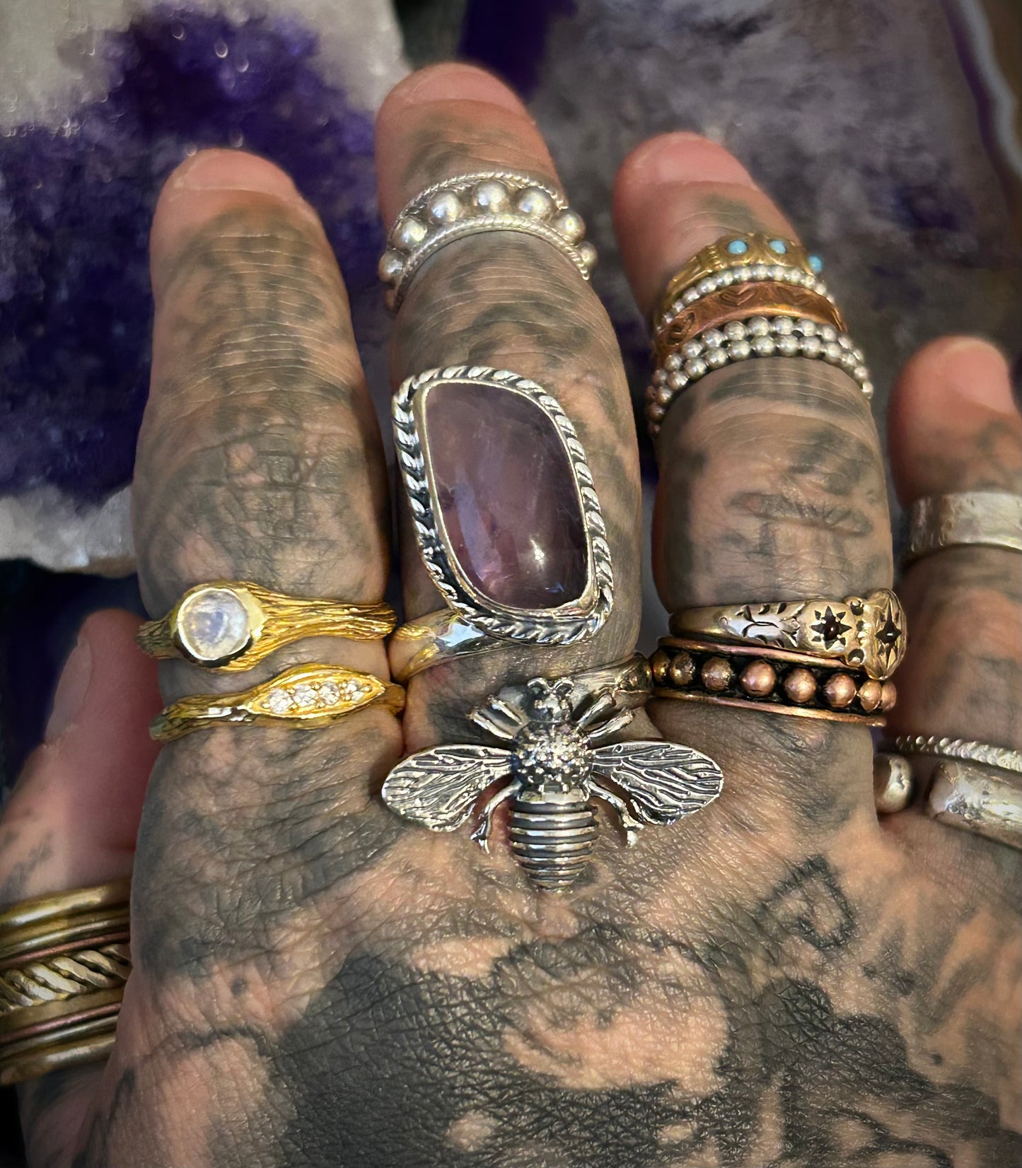 Sterling Silver Taxco Mexico Bee & Amethyst Bypass Ring