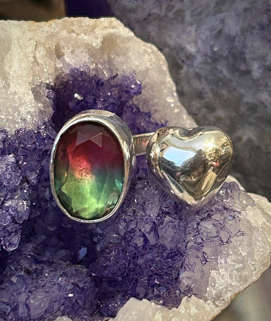 Sterling Silver Taxco Mexico Watermelon Tourmaline & Puffy Heart bypass Ring