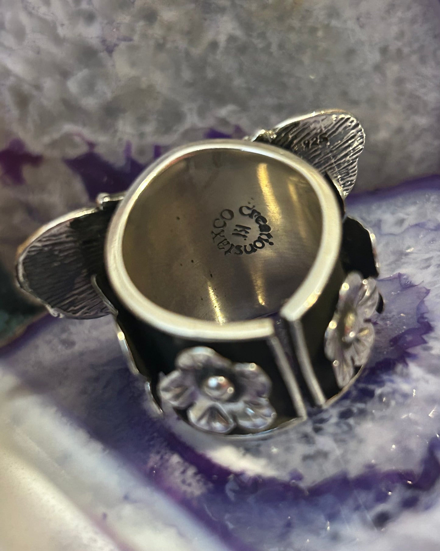 Taxco Mexico 950 Silver Insect Moth & Flowers Statement Ring Size 7.5-9.5