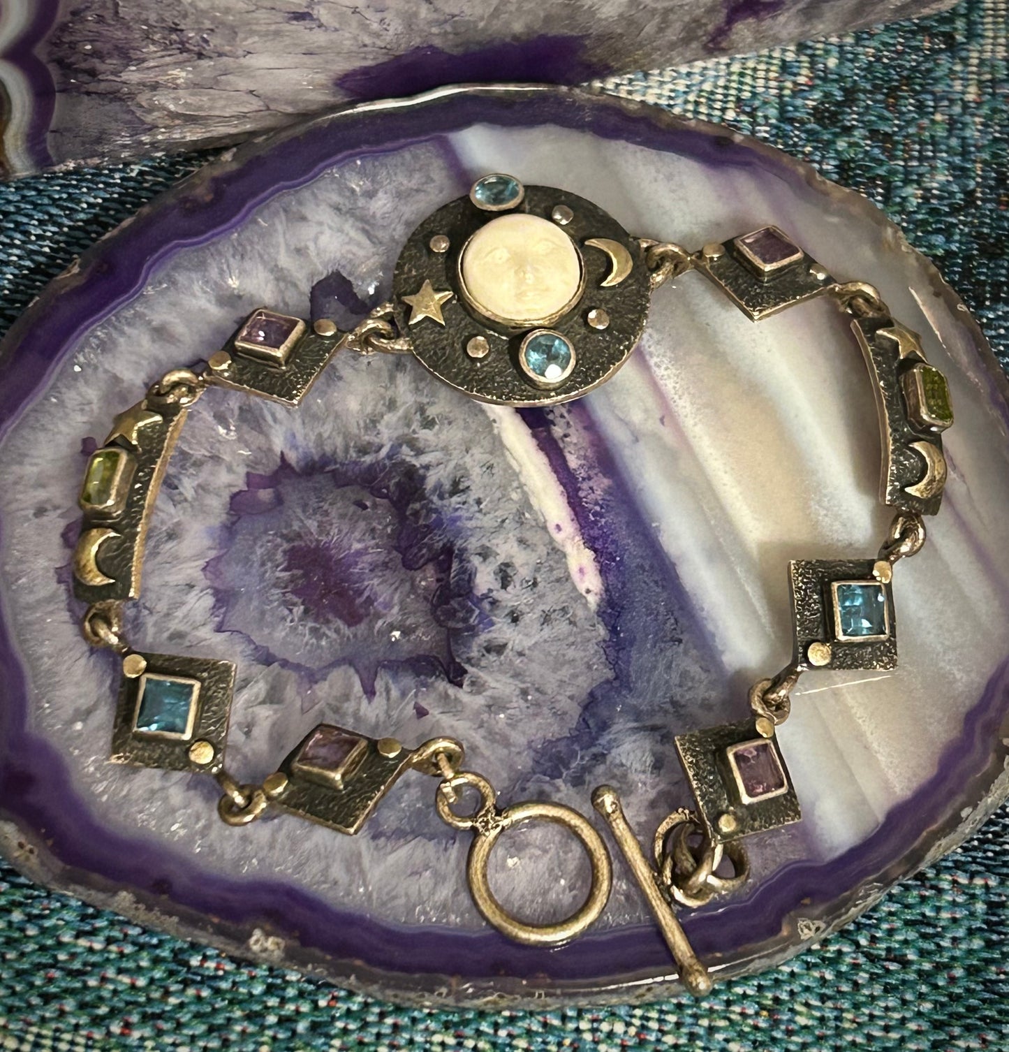 Vintage Sterling Silver 925 Goddess Moon Face Multi Gem Link Bracelet Sz 7.5