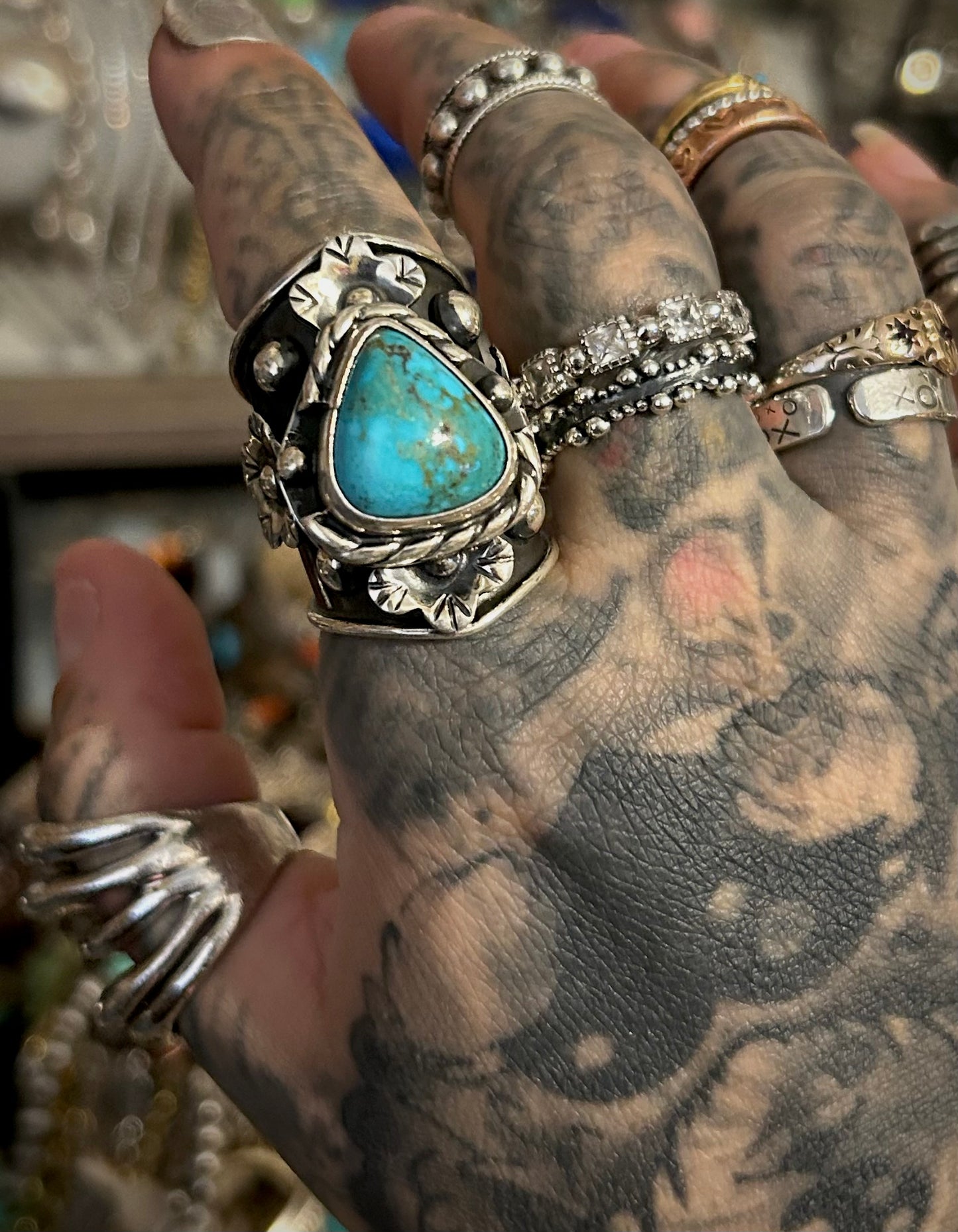 Sterling Silver Taxco Mexico Turquoise & Flowers Wide Band Statement Ring Sz 7-9