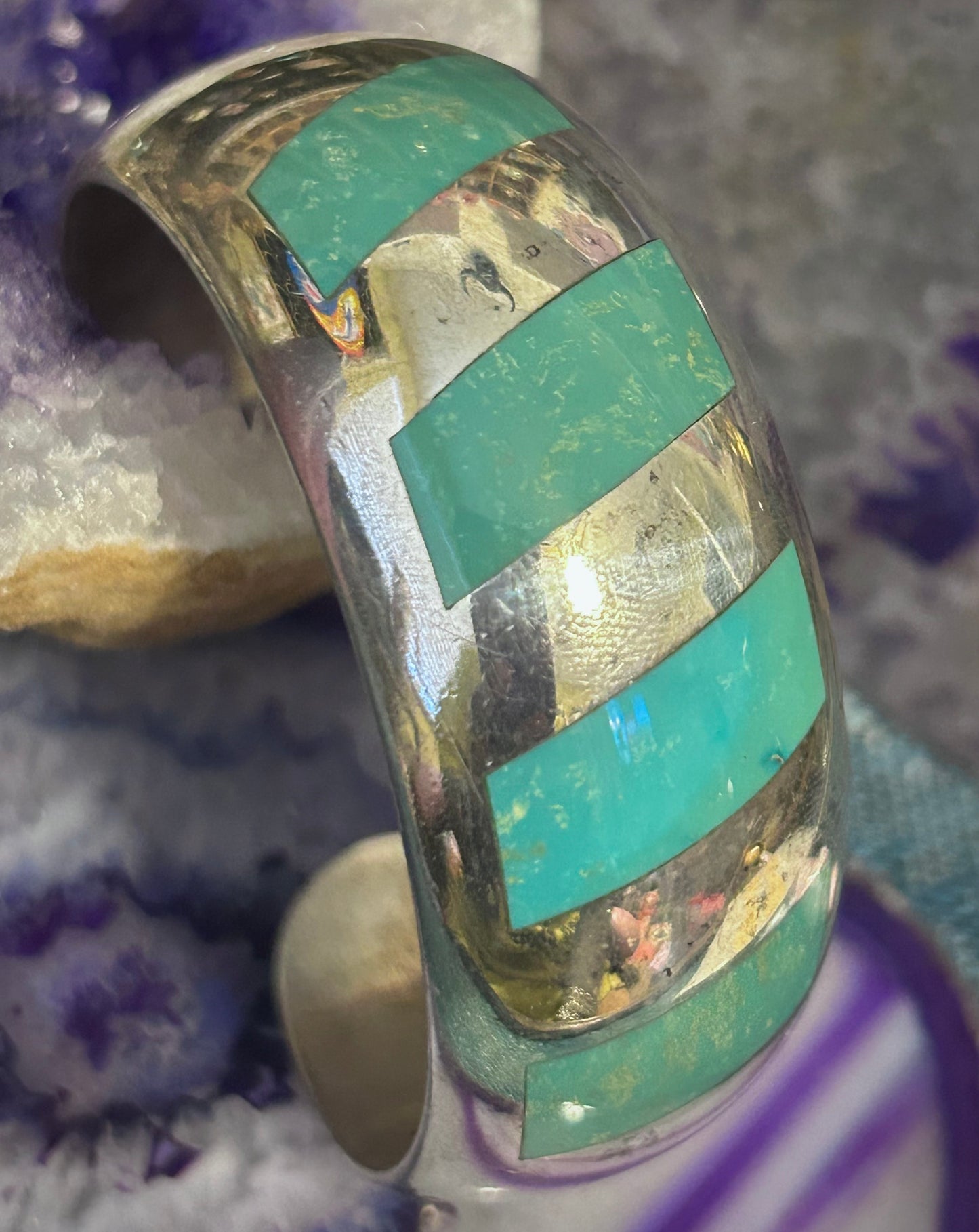 Vintage Sterling Silver Taxco Mexico Heavy Turquoise Inlay Cuff Bracelet