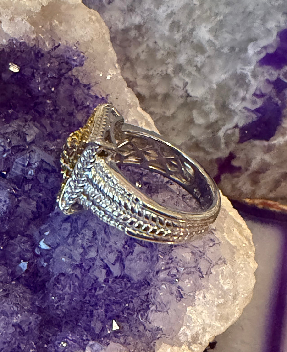 Sterling Silver 925 Genuine Orange Diamonds Ring w/ Rope Detailing Size 6