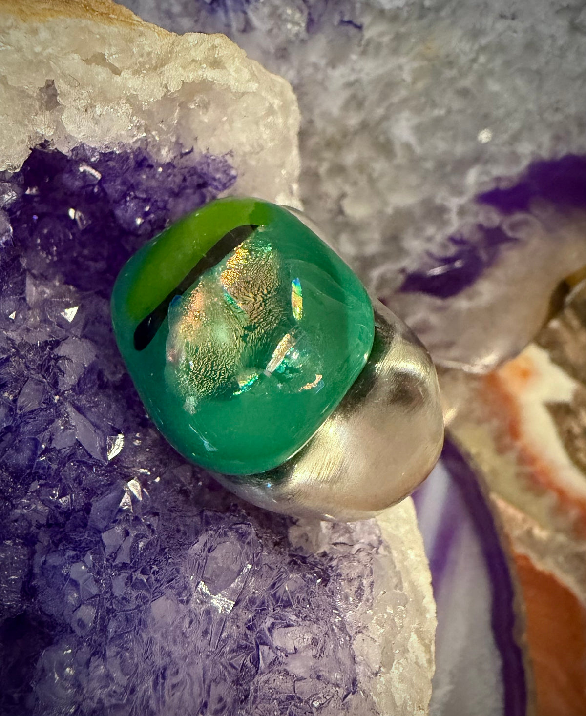 Vintage Estate Sterling Silver Dichroic Glass Dragon Eye Looking Ring Sz 6