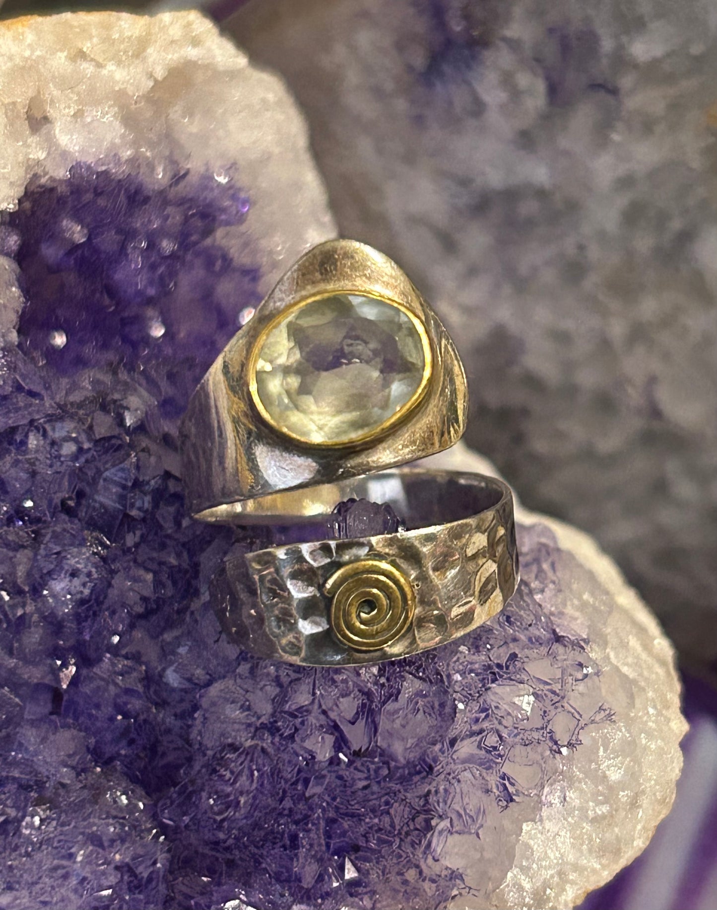 Sterling Silver 2-tone Hammered Bypass Ring w/ Green Amethyst