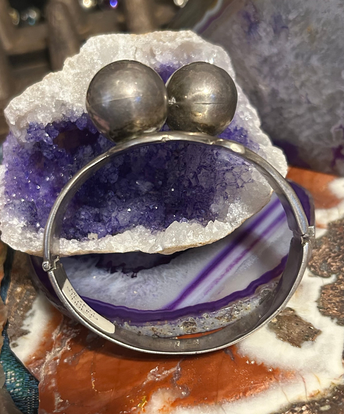 Vintage Mexico Sterling Silver Modernist Chunky Ball Hinge Bangle Bracelet