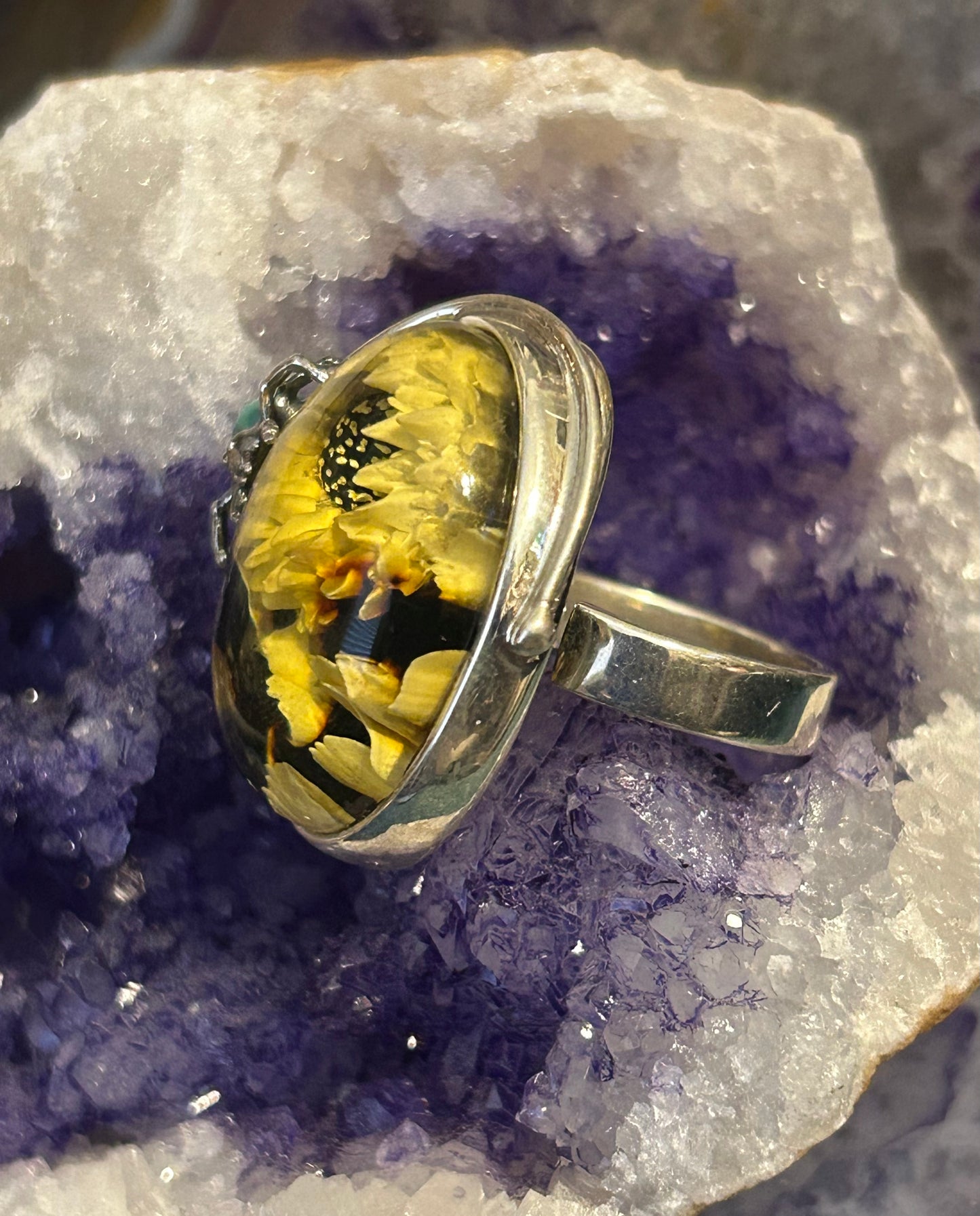 Sterling Silver Carved Flower Baltic Amber Ring w/ Turquoise Spider Adjustable