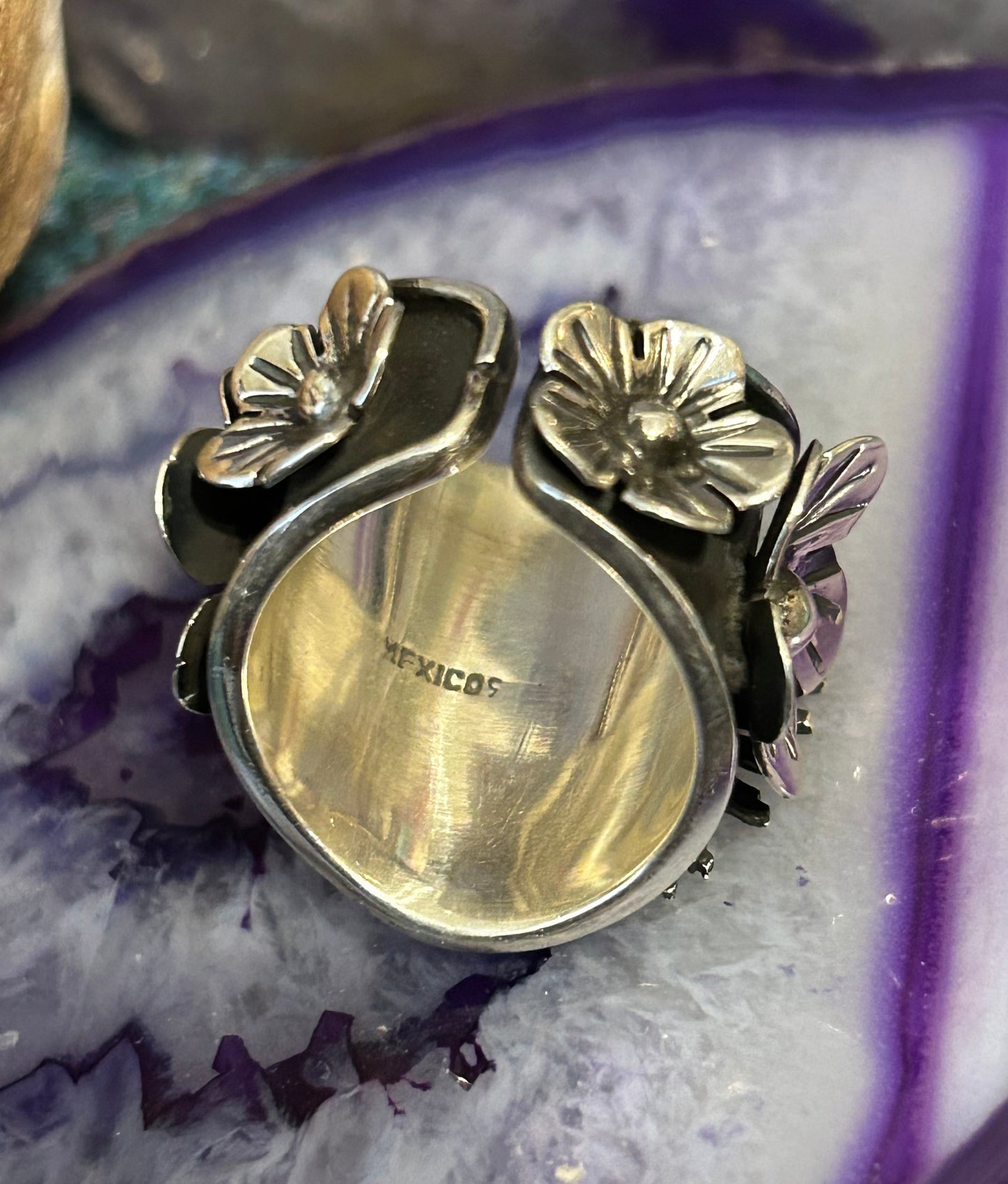 Taxco Mexico Sterling Silver Sacred Heart & Flowers Statement Ring Size 7-9