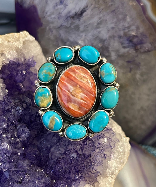 Sterling Silver Taxco Mexico Turquoise & Spiny Oyster W/ Flowers Statement Ring (6.25-8)