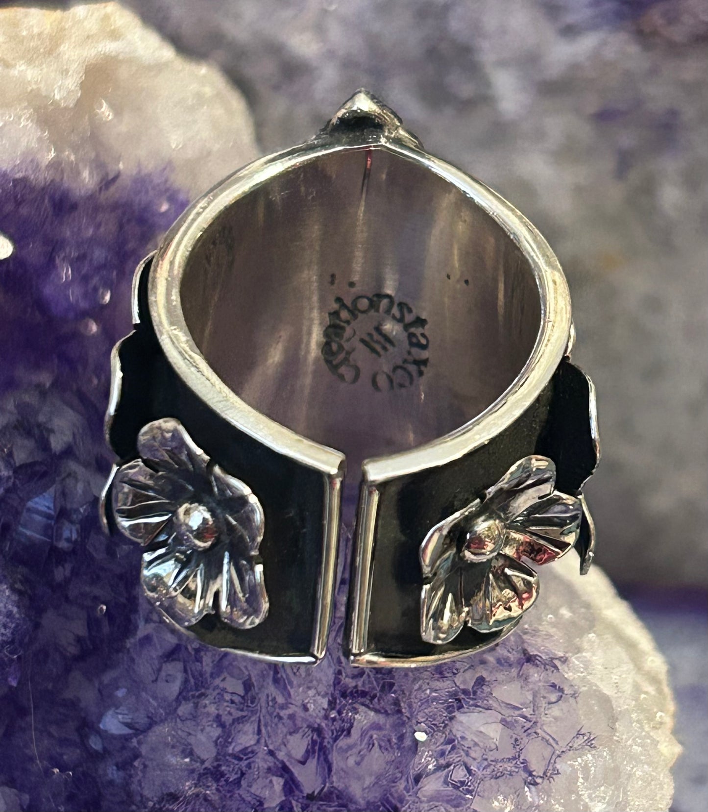 Taxco Mexico 950 Silver Monstera Leaf & Flowers Statement Ring Size 7-9