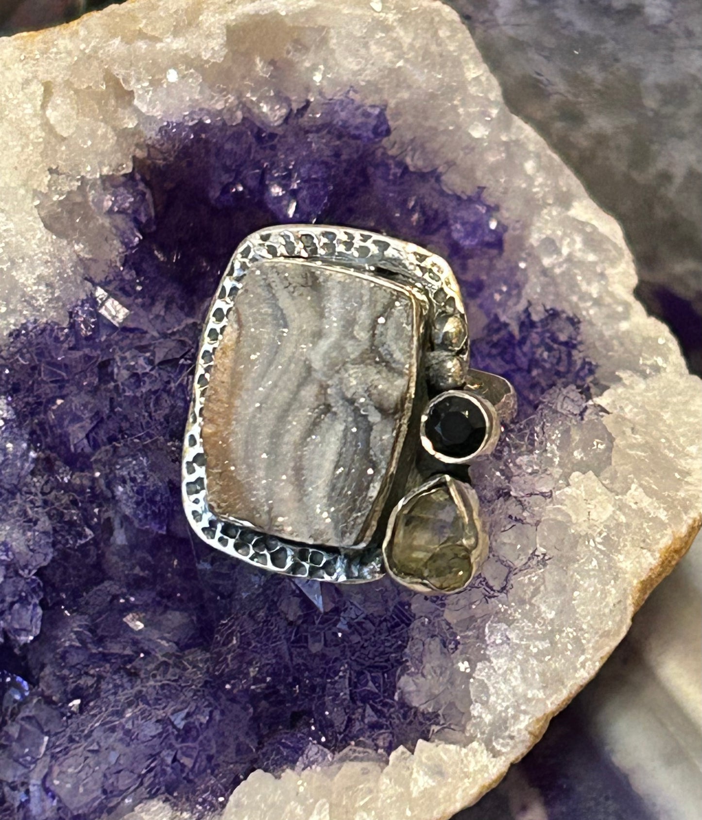 Sterling Silver 925 Druzy, Smokey Quartz, And Labradorite Adjustable Ring