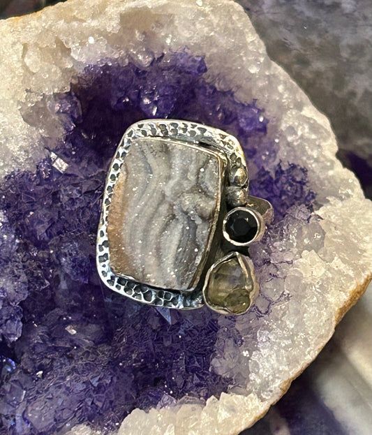 Sterling Silver 925 Druzy, Smokey Quartz, And Labradorite Adjustable Ring